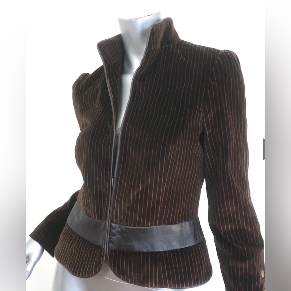 Alice + Olivia Brown Pinstripe Velvet Jacket with Leather Waistband